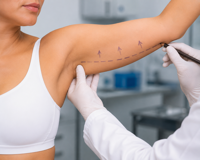 Surgeon consulting a patient about Brachioplasty (Arm Lift)